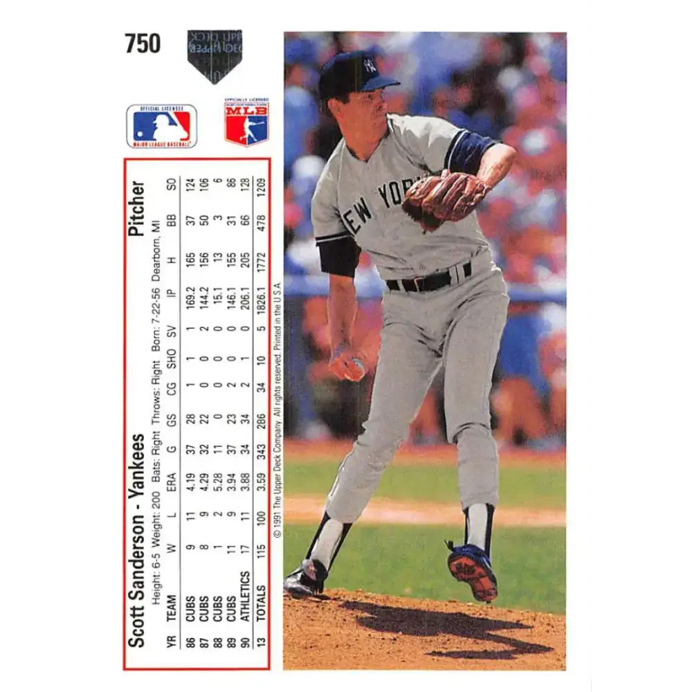 1991 Upper Deck #750 Scott Sanderson NM-MT New York Yankees Baseball Card - Baseball Card Single