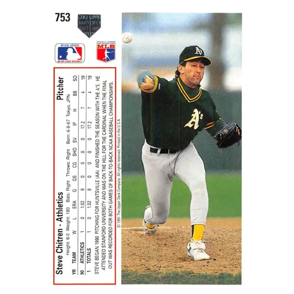 1991 Upper Deck #753 Steve Chitren EX Excellent RC Rookie Oakland Athletics Baseball Card - Baseball Card Single