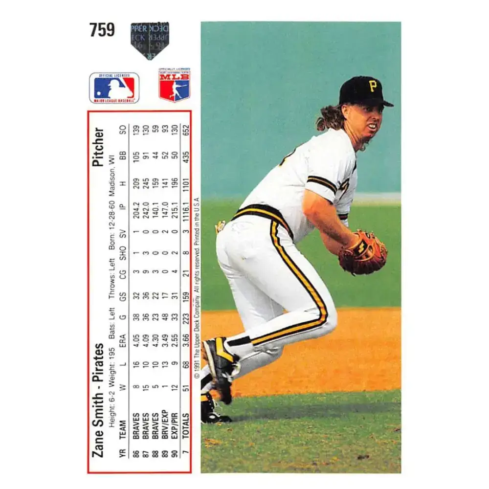 1991 Upper Deck #759 Zane Smith EX Excellent Pittsburgh Pirates Baseball Card - Baseball Card Single