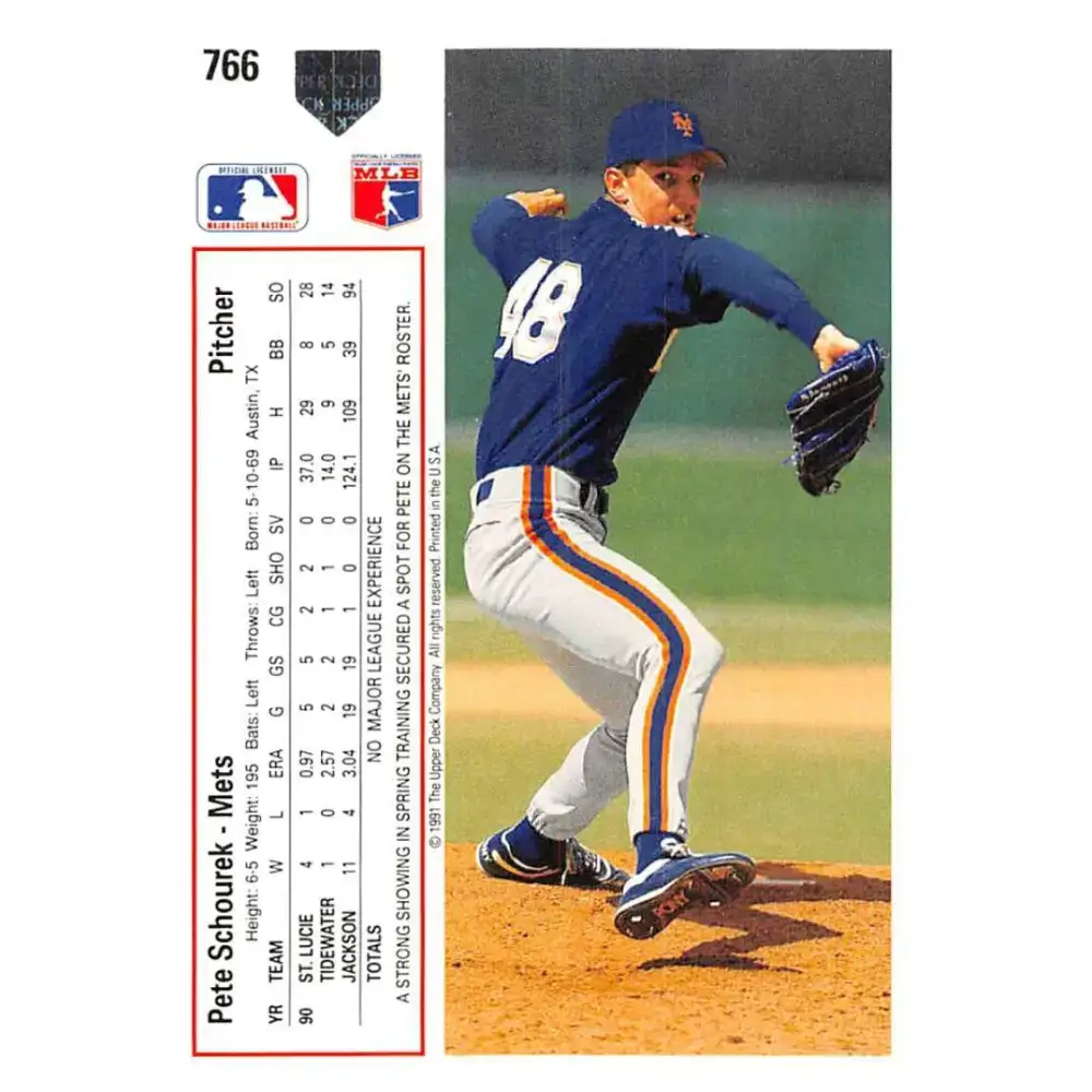 1991 Upper Deck #766 Pete Schourek NM-MT RC Rookie New York Mets Baseball Card - Baseball Card Single