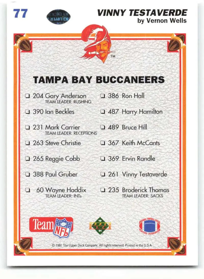 1991 Upper Deck #77 Vinny Testaverde NM-MT Tampa Bay Buccaneers Football Card - Football Card Single