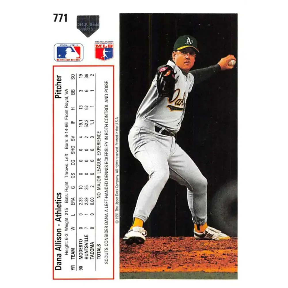1991 Upper Deck #771 Dana Allison NM-MT RC Rookie Oakland Athletics Baseball Card - Baseball Card Single