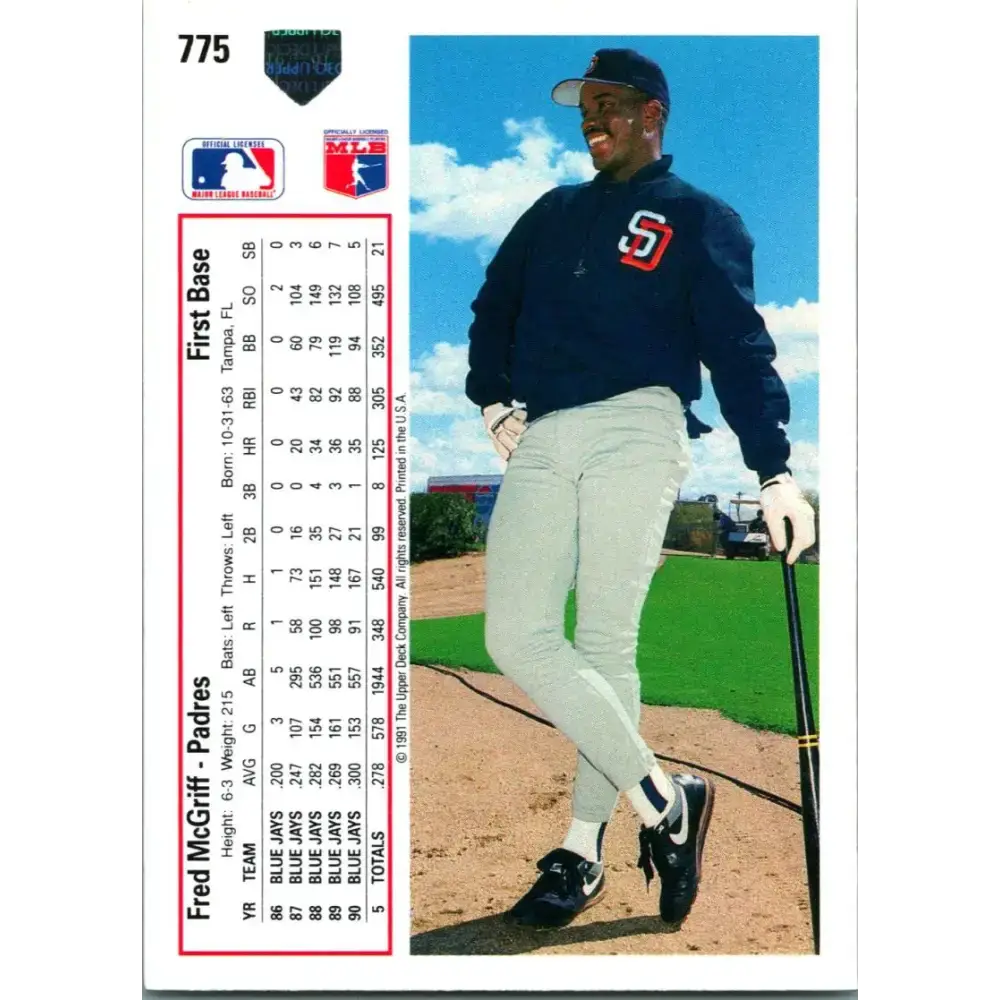 1991 Upper Deck #775 Fred McGriff NM-MT San Diego Padres Baseball Card - Baseball Card Single