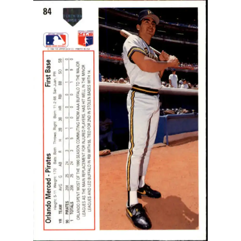 1991 Upper Deck #84 Orlando Merced EX Excellent RC Rookie Pittsburgh Pirates Baseball Card - Baseball Card Single