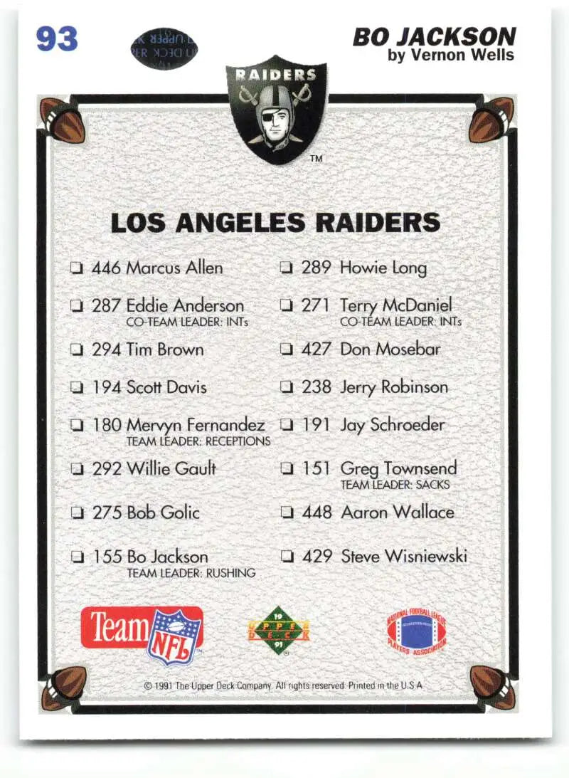 1991 Upper Deck #93 Bo Jackson NM-MT Los Angeles Raiders Football Card - Football Card Single