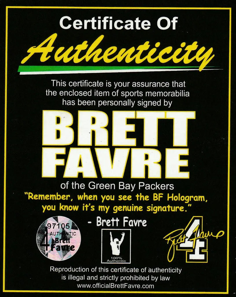 Certificate of Authenticity for Upper Deck Auto Brett Favre from Green Bay Packers