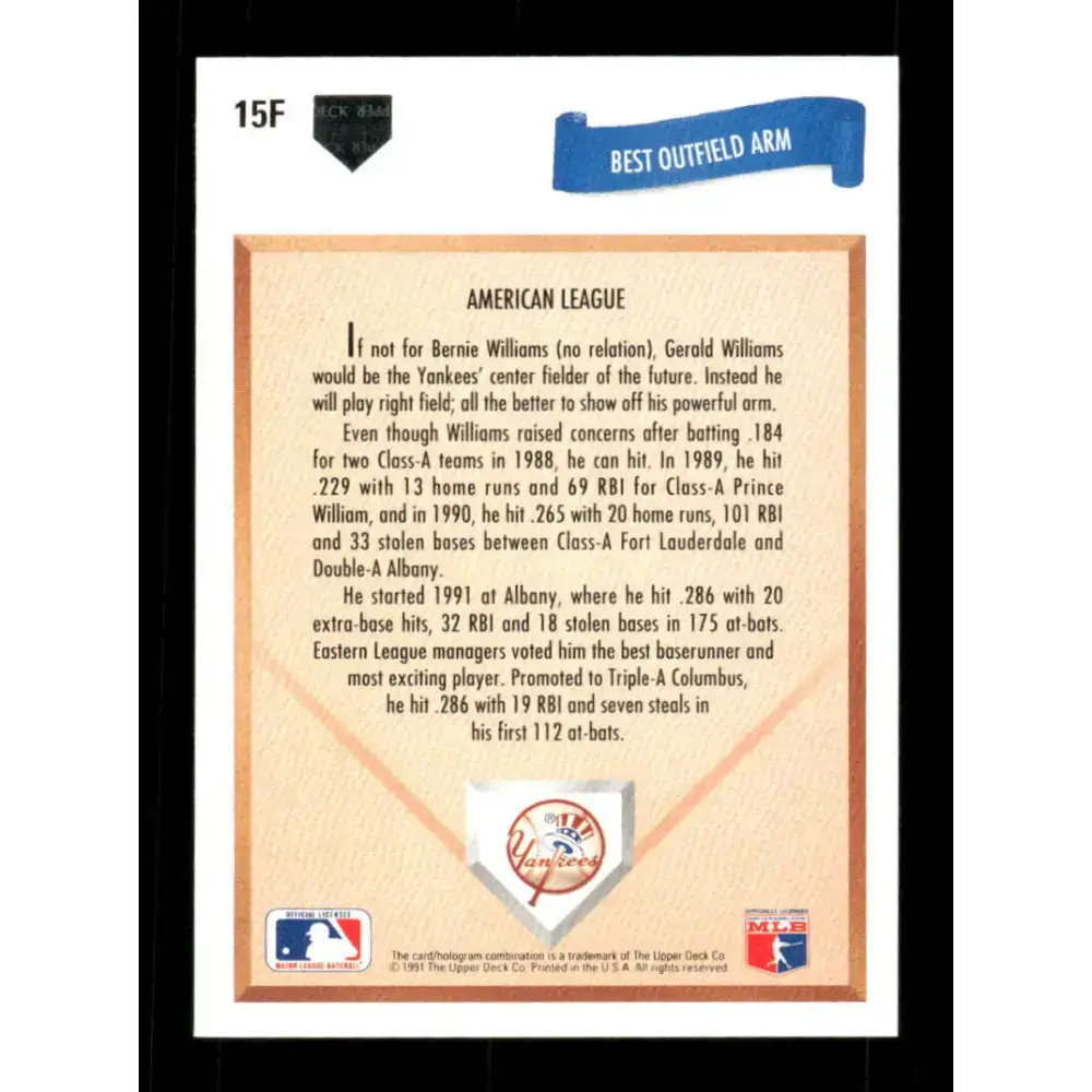 1991 Upper Deck Final Edition #15 Gerald Williams EX Excellent RC Rookie New York Yankees Baseball Card - Baseball Card