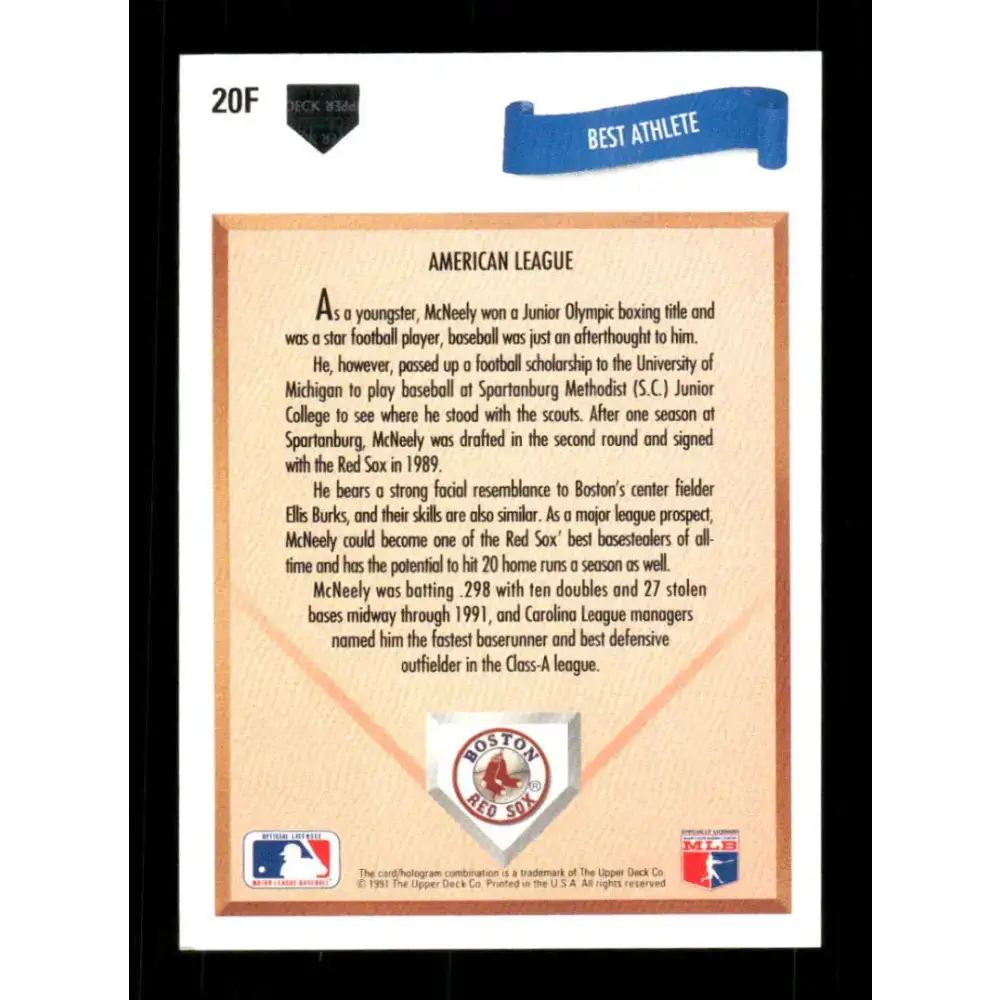 1991 Upper Deck Final Edition #20 Jeff McNeely EX Excellent RC Rookie Boston Red Sox Baseball Card - Baseball Card