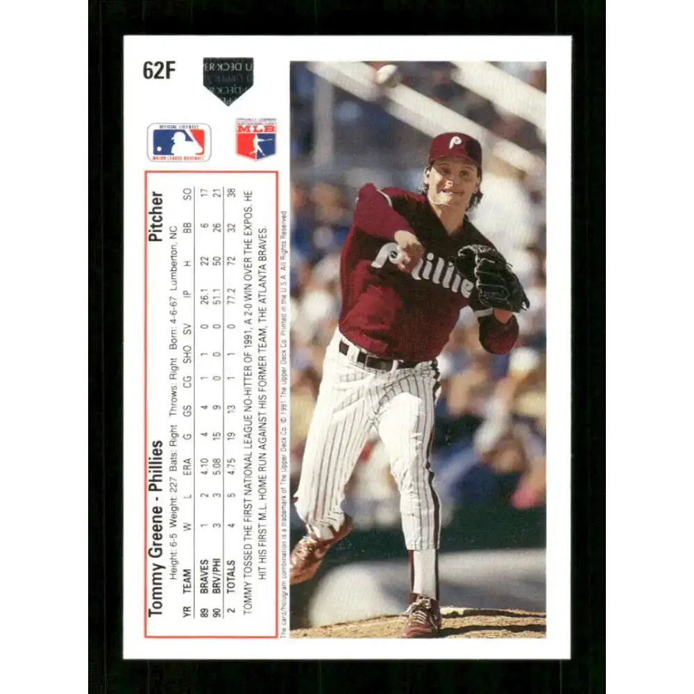 1991 Upper Deck Final Edition #62 Tommy Greene EX Excellent Philadelphia Phillies Baseball Card - Baseball Card Single