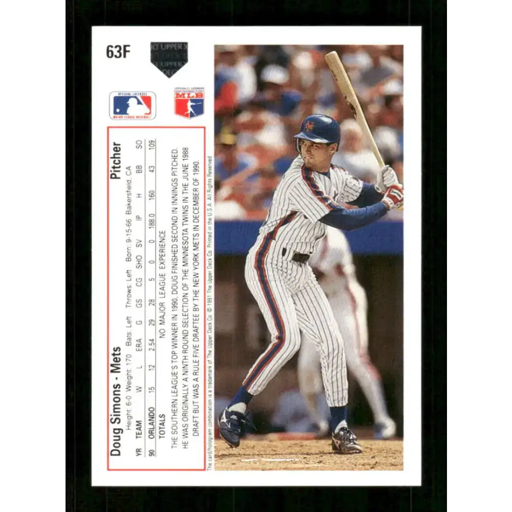 1991 Upper Deck Final Edition #63 Doug Simons EX Excellent RC Rookie New York Mets Baseball Card - Baseball Card Single