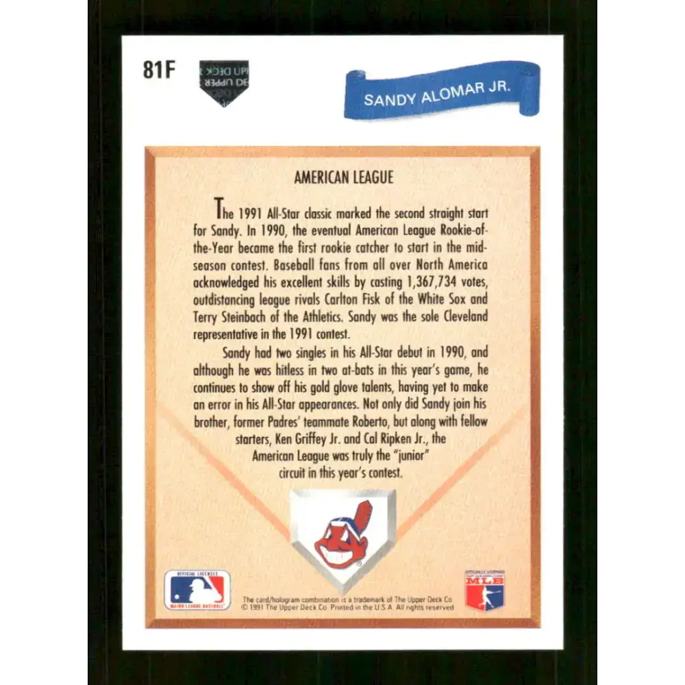 1991 Upper Deck Final Edition #81 Sandy Alomar Jr. EX Excellent Cleveland Indians Baseball Card - Baseball Card Single