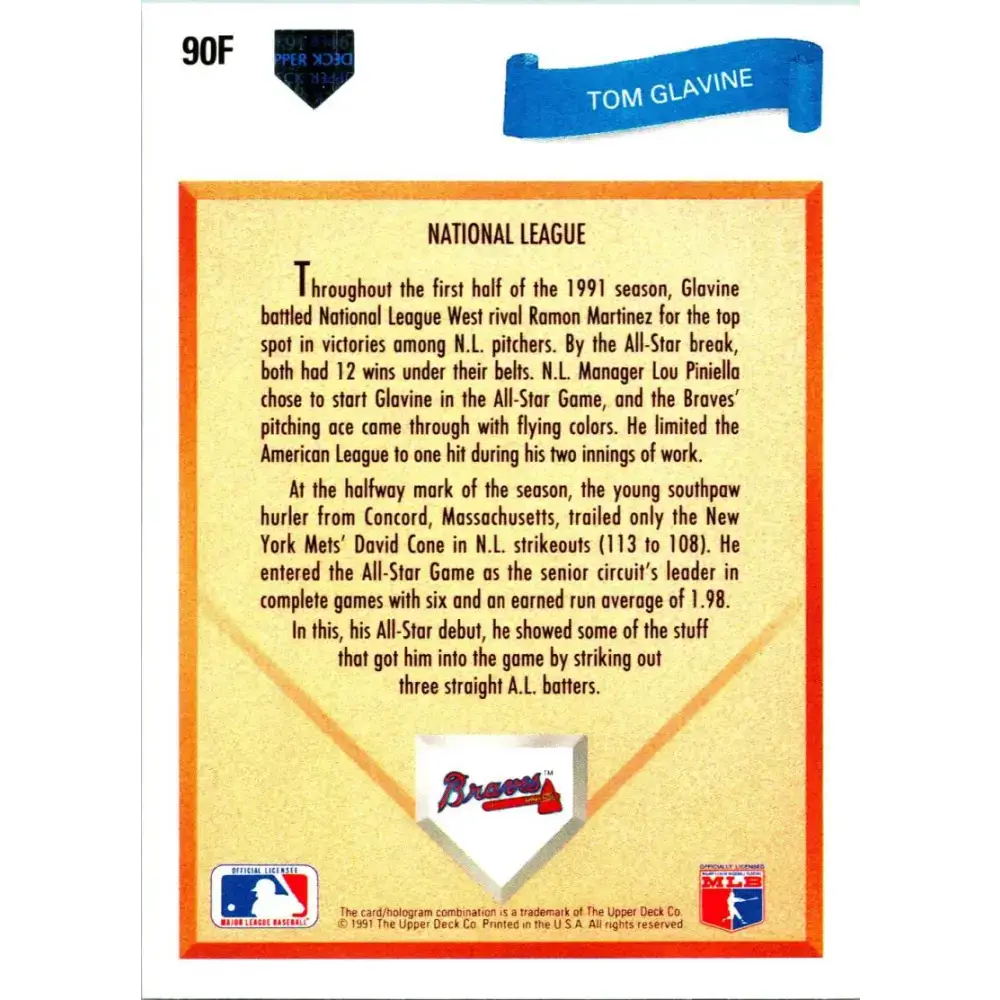 1991 Upper Deck Final Edition #90 Tom Glavine EX Excellent Atlanta Braves Baseball Card - Baseball Card Single