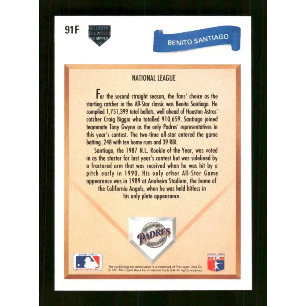 1991 Upper Deck Final Edition #91 Benito Santiago EX Excellent San Diego Padres Baseball Card - Baseball Card Single