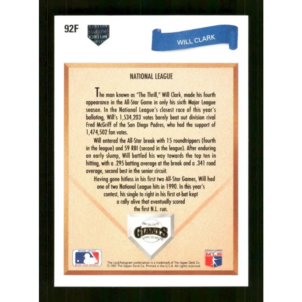 1991 Upper Deck Final Edition #92 Will Clark EX Excellent San Francisco Giants Baseball Card - Baseball Card Single