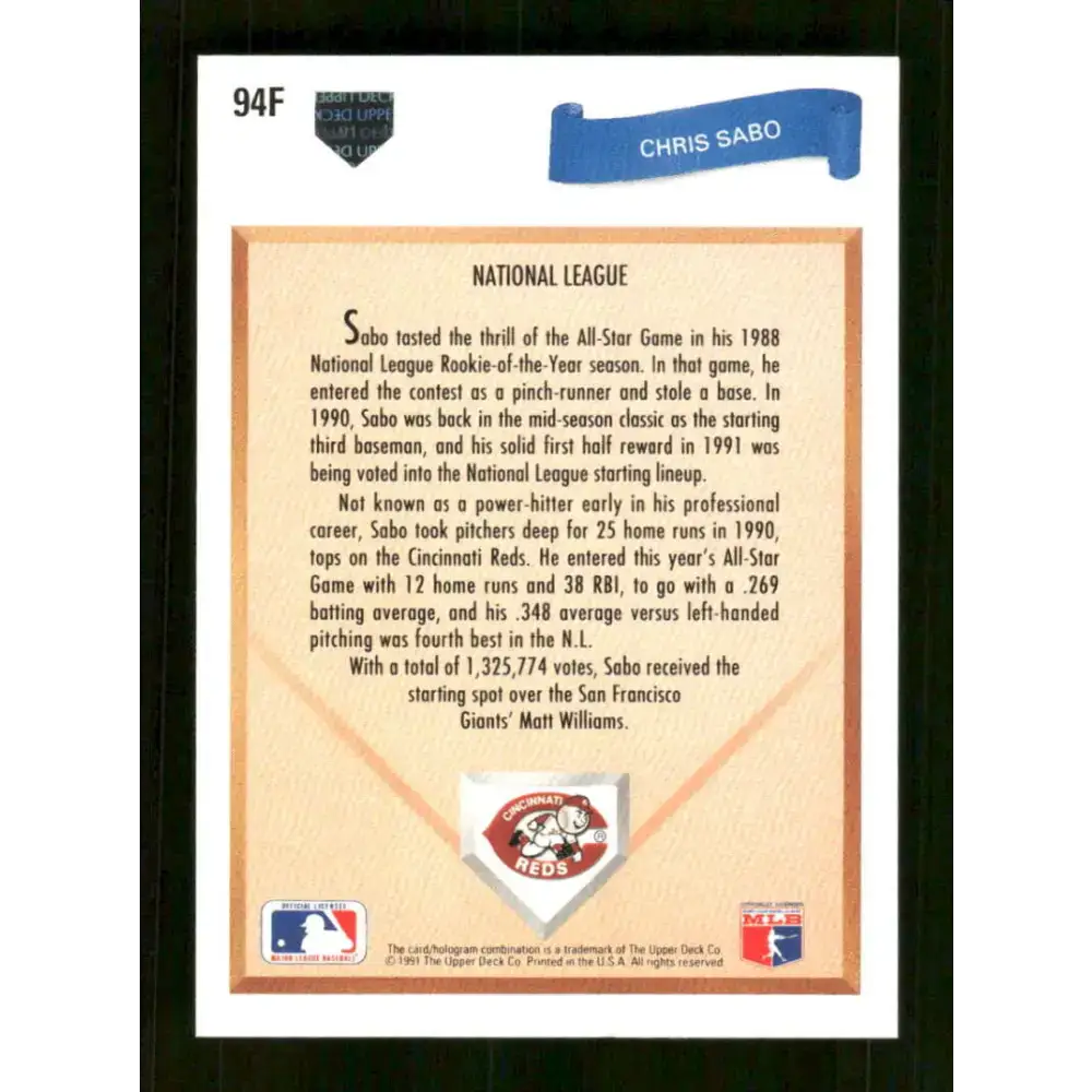 1991 Upper Deck Final Edition #94 Chris Sabo EX Excellent Cincinnati Reds Baseball Card - Trading Cards