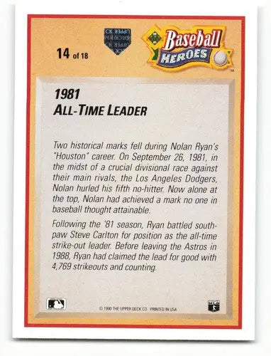 Baseball card back featuring Nolan Ryan from 1991 Upper Deck Nolan Heroes series