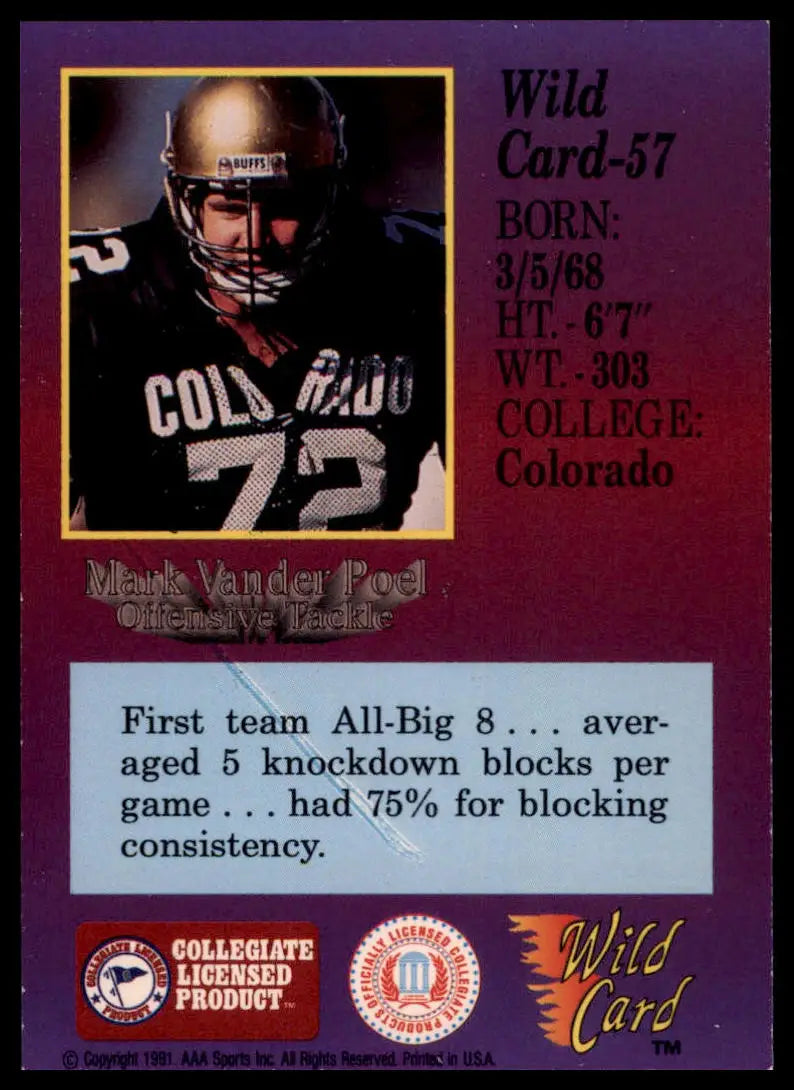 1991 Wild Card Draft Mark Vander Poel 57 Colorado Buffaloes NM - Football Card Single