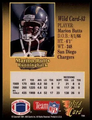 1991 Wild Card Marion Butts 83 San Diego Chargers - Football Card Single