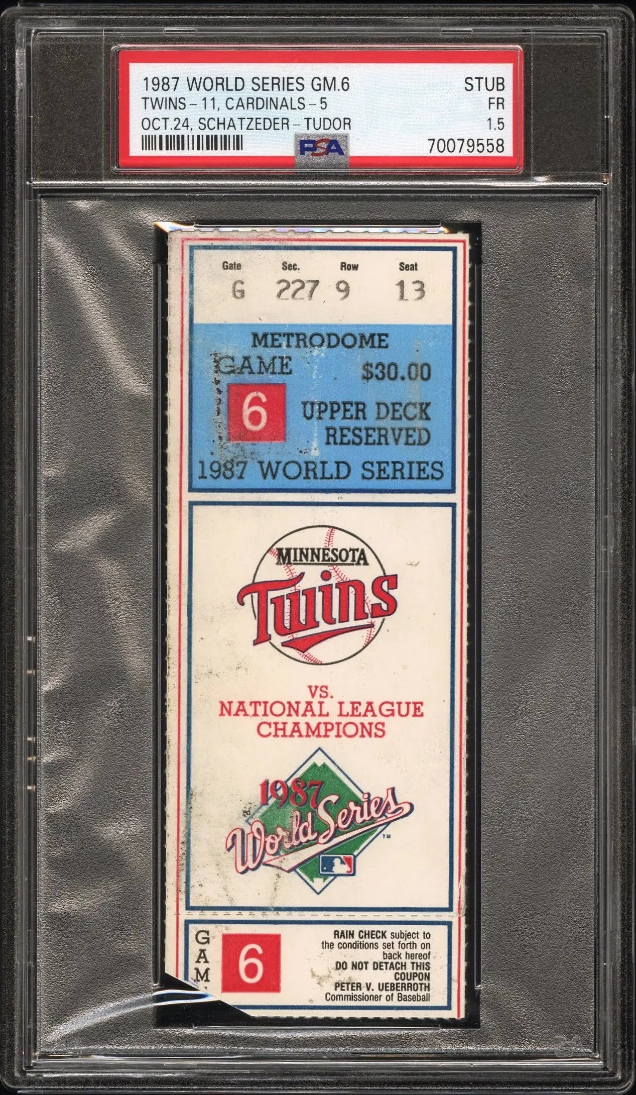 1991 World Series Game 6 Ticket Stub PSA 1.5 Fair - Sports Memorabilia