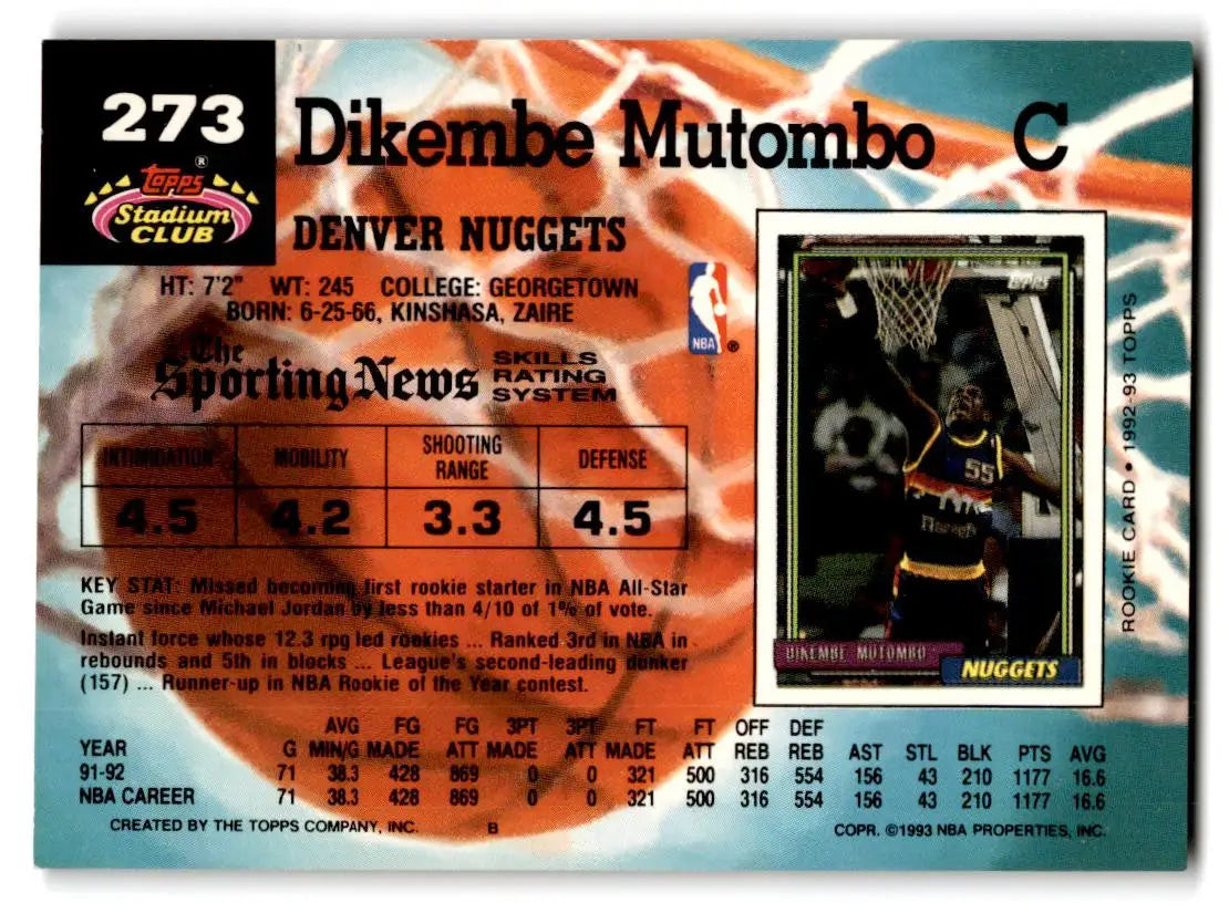 1992-93 Stadium Club #273 Dikembe Mutombo - Basketball Card Single