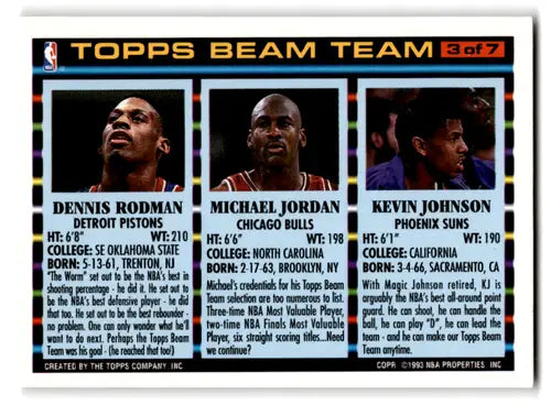 Original gloss basketball trading card featuring Topps Beam Team Dennis Rodman Michael Jordan Kevin Johnson