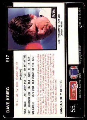 1992 Action Packed Rookie/Update Dave Krieg 55 Kansas City Chiefs - Football Card Single