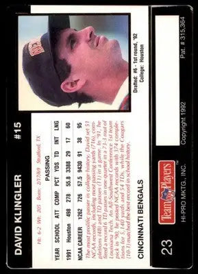 1992 Action Packed Rookie/Update David Klingler RC 23 Cincinnati Bengals - Football Card Single