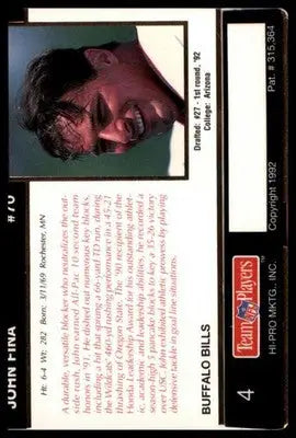 1992 Action Packed Rookie/Update John Fina RC 4 Buffalo Bills - Football Card Single