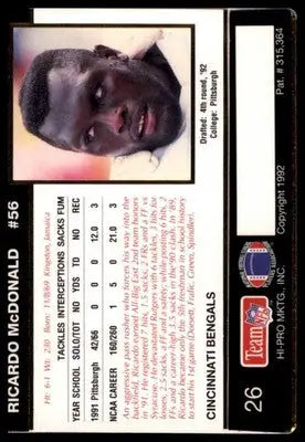 1992 Action Packed Rookie/Update Ricardo McDonald RC 26 Cincinnati Bengals - Football Card Single