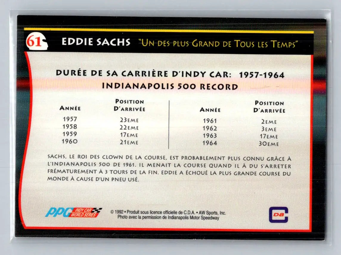 1992 All World Indy #61 Eddie Sachs (French) - Racing Card Single
