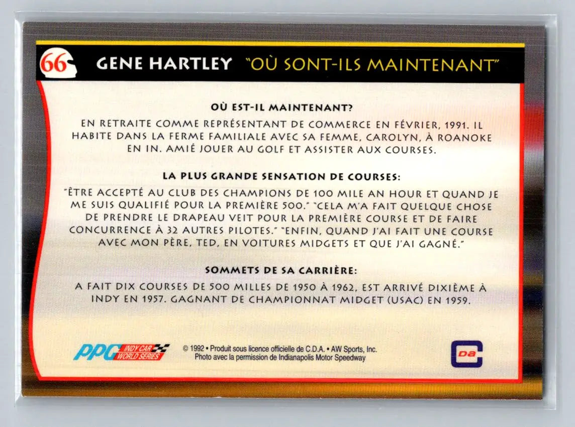 1992 All World Indy #66 Gene Hartley (French) - Racing Card Single