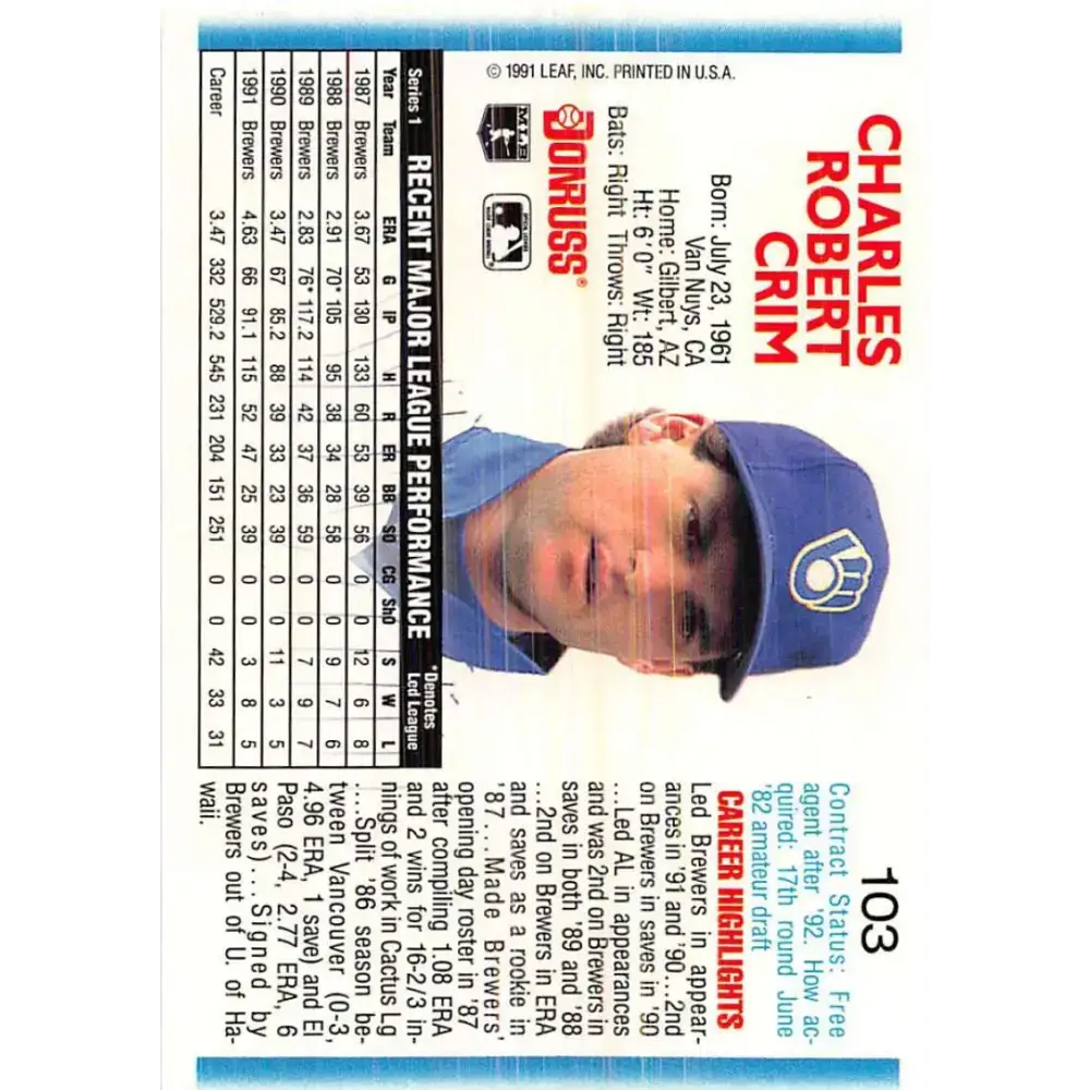 1992 Donruss #103 Chuck Crim NM-MT Milwaukee Brewers Baseball Card - Baseball Card Single