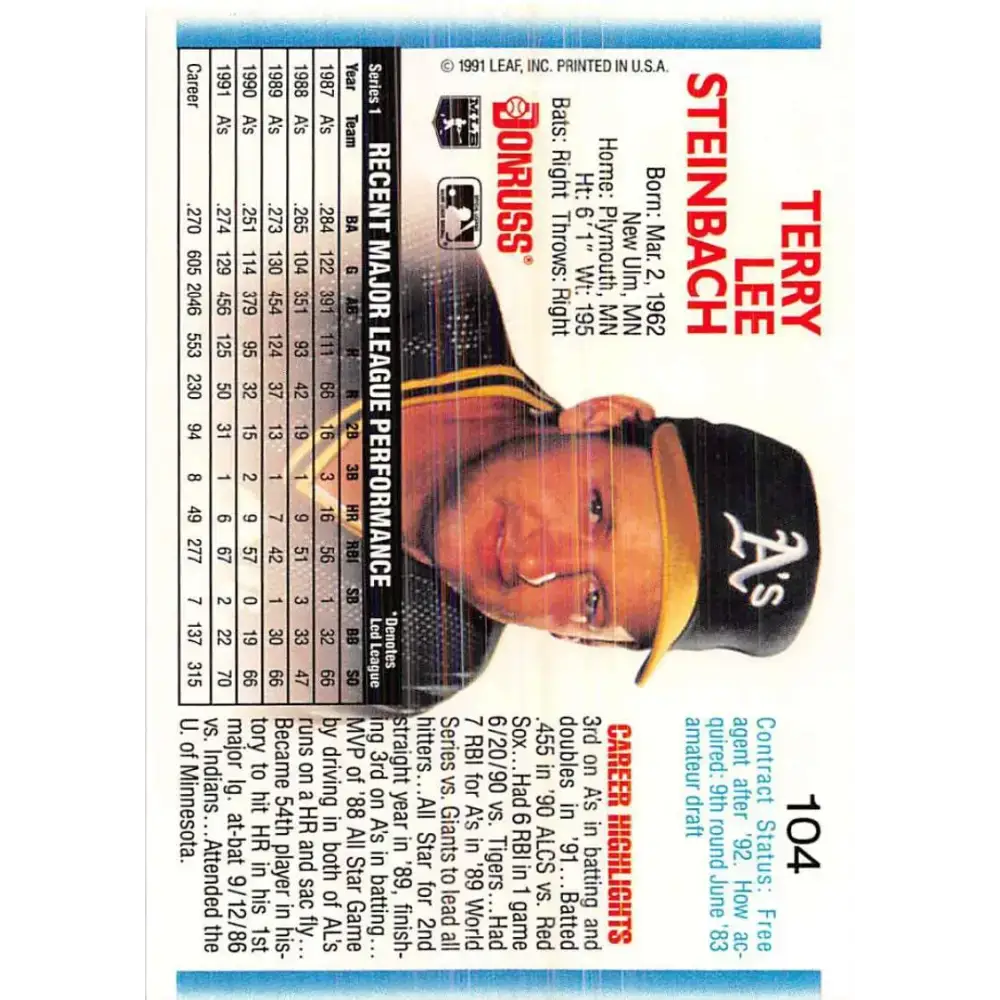 1992 Donruss #104 Terry Steinbach NM-MT Oakland Athletics Baseball Card - Baseball Card Single