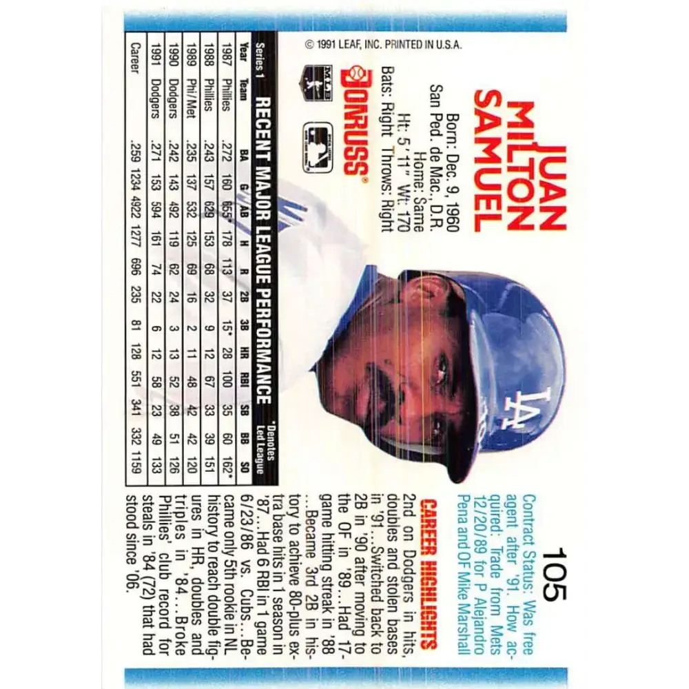 1992 Donruss #105 Juan Samuel NM-MT Los Angeles Dodgers Baseball Card - Baseball Card Single