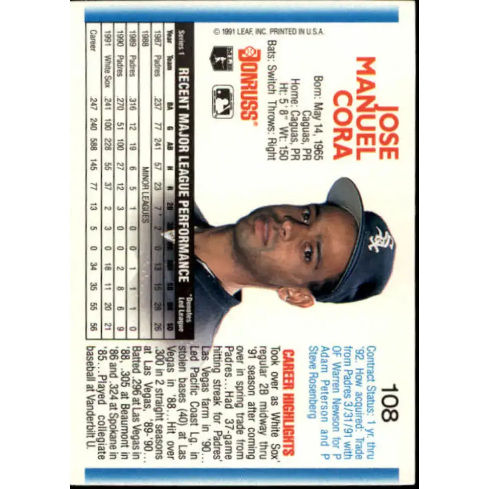 1992 Donruss #108 Joey Cora NM-MT Chicago White Sox Baseball Card - Baseball Card Single