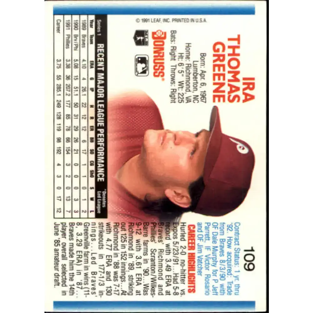 1992 Donruss #109 Tommy Greene NM-MT Philadelphia Phillies Baseball Card - Baseball Card Single