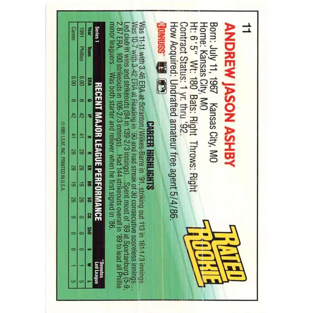 1992 Donruss #11 Andy Ashby RR NM-MT Philadelphia Phillies Baseball Card - Baseball Card Single