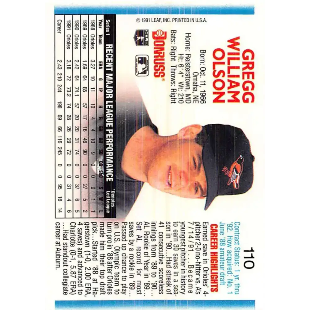 1992 Donruss #110 Gregg Olson NM-MT Baltimore Orioles Baseball Card - Baseball Card Single
