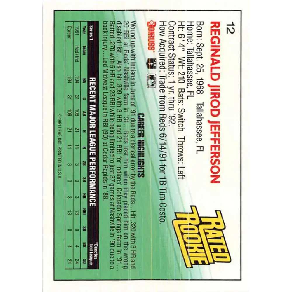 1992 Donruss #12 Reggie Jefferson RR NM-MT Cleveland Indians Baseball Card - Baseball Card Single