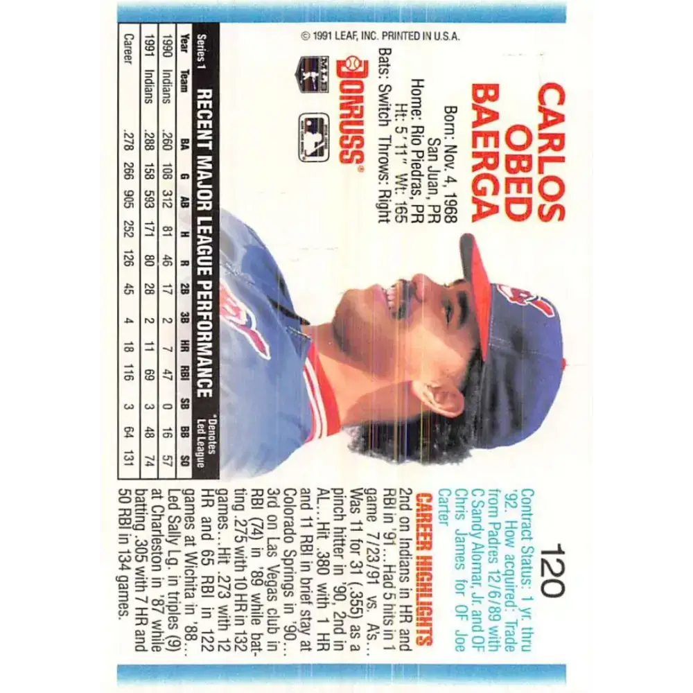 1992 Donruss #120 Carlos Baerga NM-MT Cleveland Indians Baseball Card - Baseball Card Single