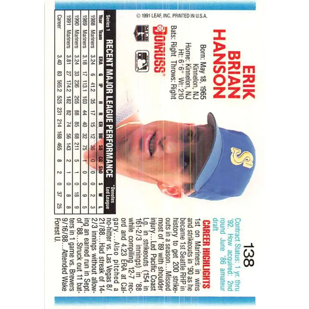 1992 Donruss #138 Erik Hanson NM-MT Seattle Mariners Baseball Card - Baseball Card Single