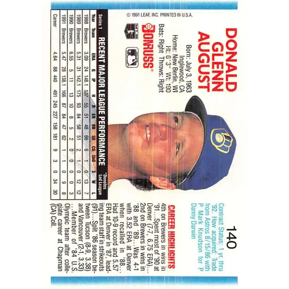 1992 Donruss #140 Don August NM-MT Milwaukee Brewers Baseball Card - Baseball Card Single