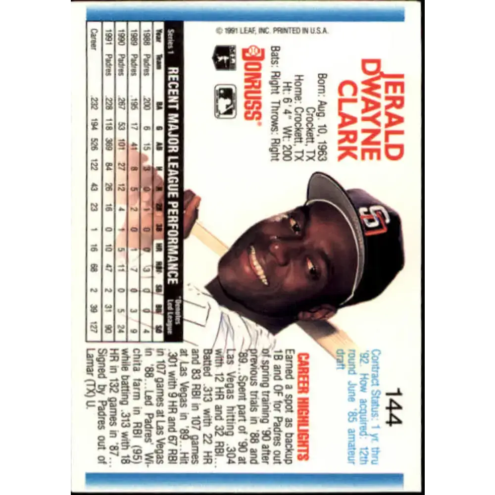 1992 Donruss #144 Jerald Clark NM-MT San Diego Padres Baseball Card - Baseball Card Single