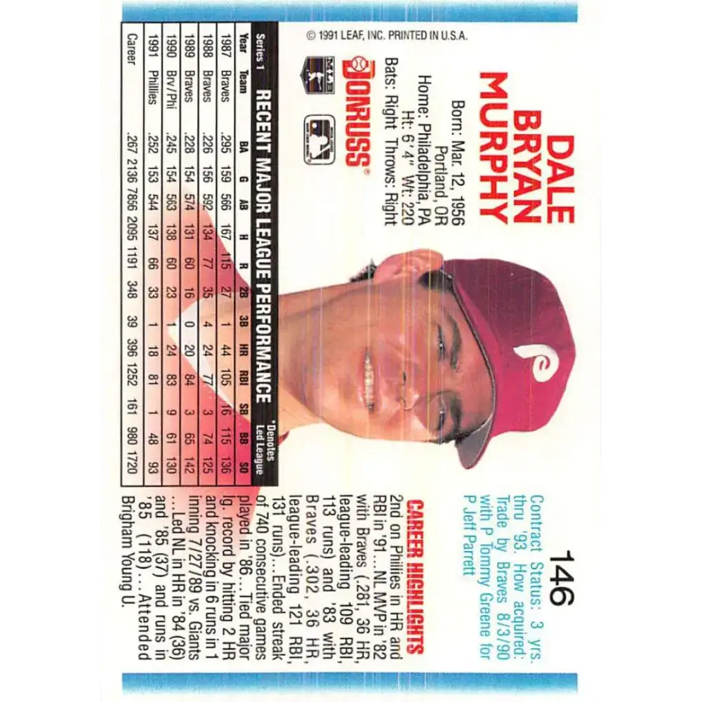 1992 Donruss #146 Dale Murphy NM-MT Philadelphia Phillies Baseball Card - Baseball Card Single