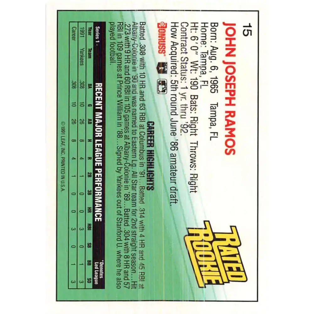 1992 Donruss #15 John Ramos RR NM-MT New York Yankees Baseball Card - Baseball Card Single