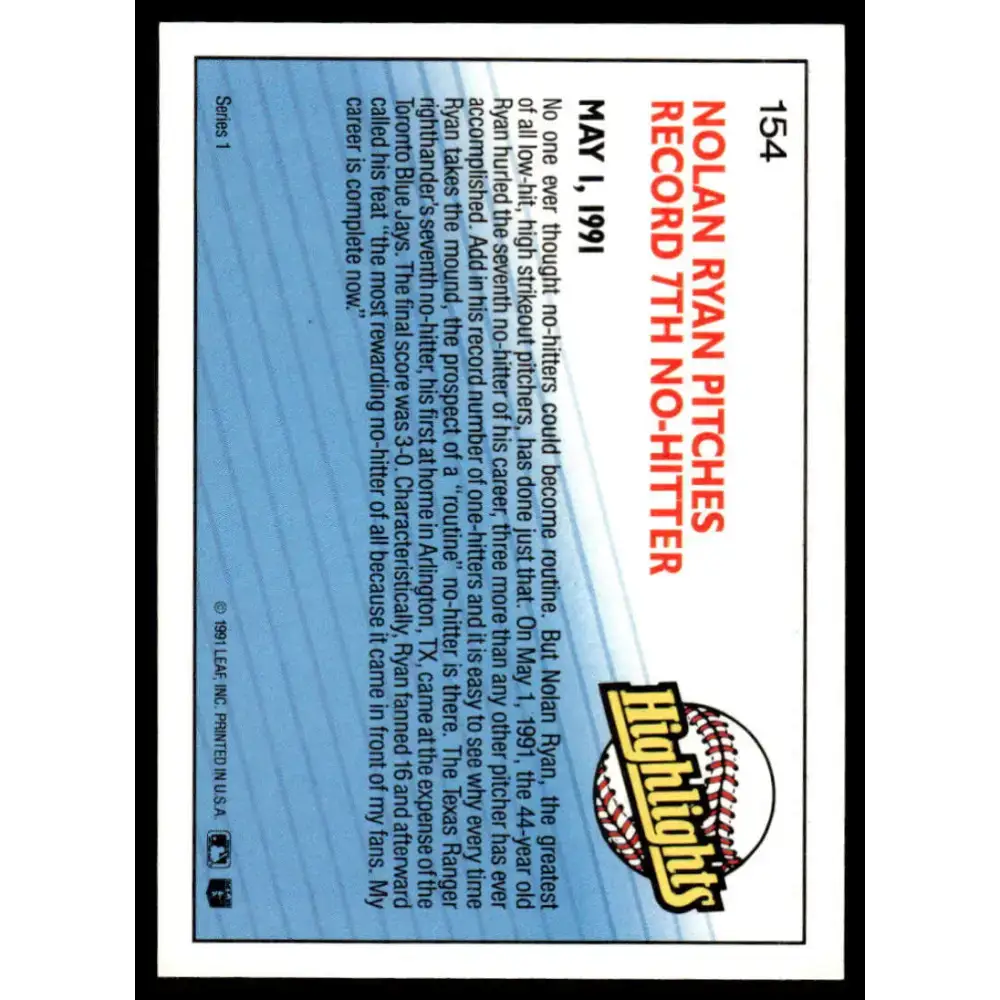 1992 Donruss #154 Nolan Ryan EX/NM Texas Rangers Baseball Card - Baseball Card Single