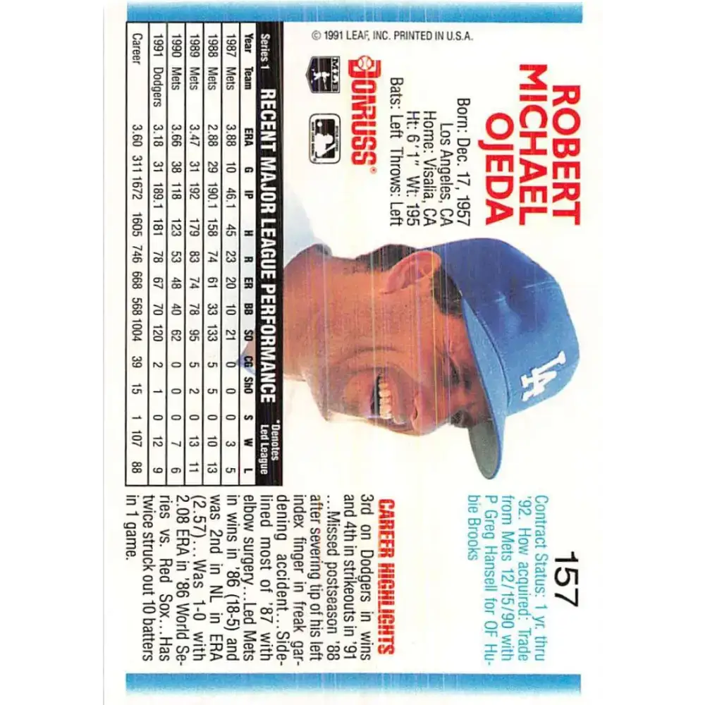 1992 Donruss #157 Bob Ojeda NM-MT Los Angeles Dodgers Baseball Card - Baseball Card Single