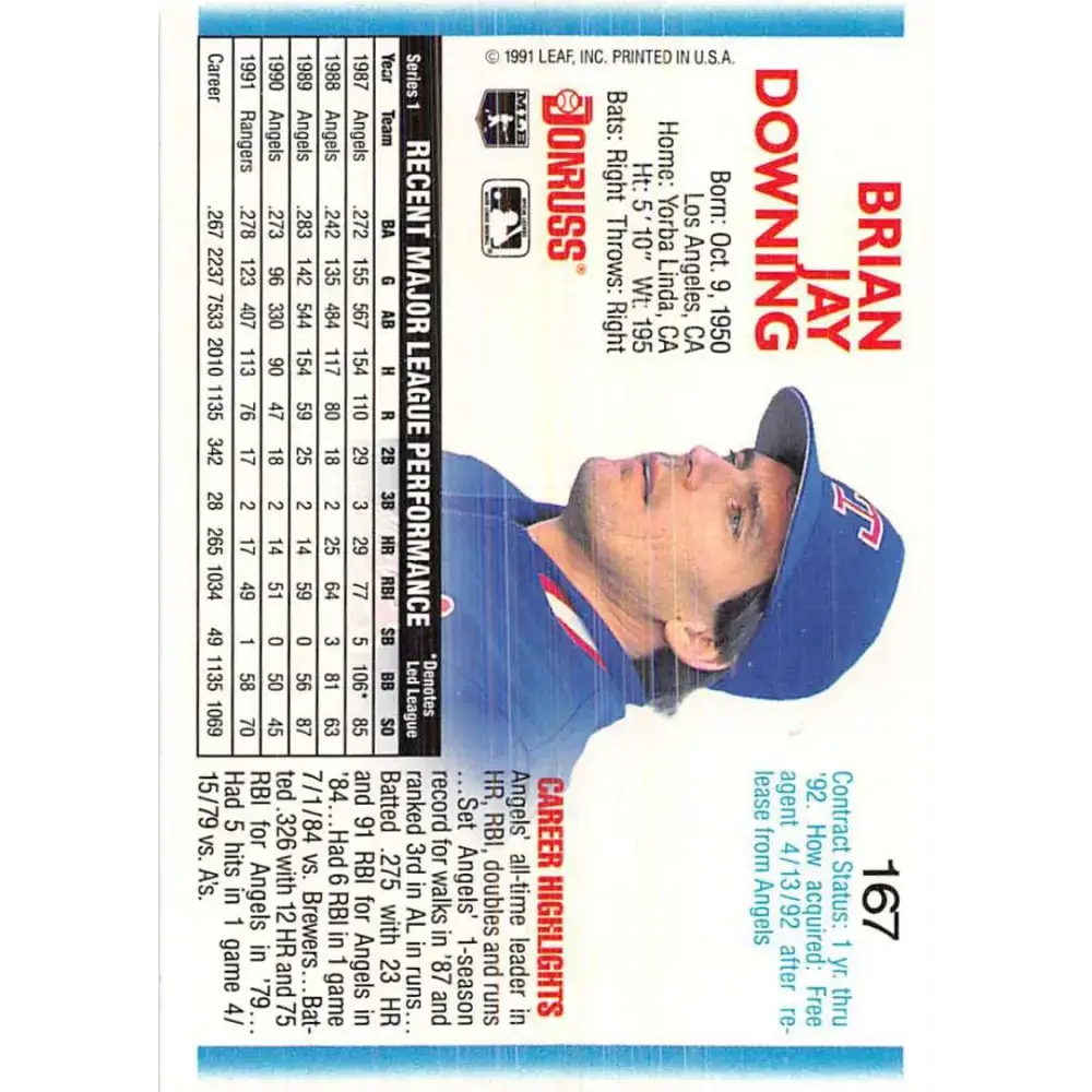 1992 Donruss #167 Brian Downing NM-MT Texas Rangers Baseball Card - Baseball Card Single