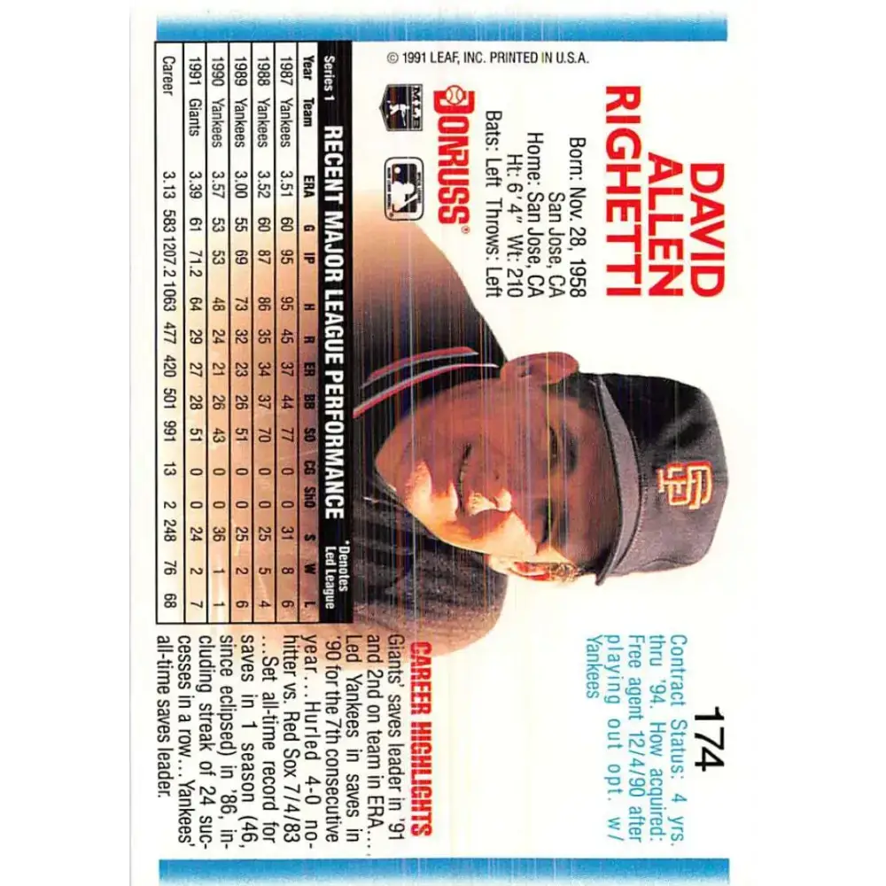 1992 Donruss #174 Dave Righetti NM-MT San Francisco Giants Baseball Card - Baseball Card Single