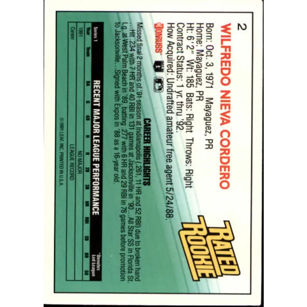 1992 Donruss #2 Wil Cordero RR NM-MT Montreal Expos Baseball Card - Baseball Card Single